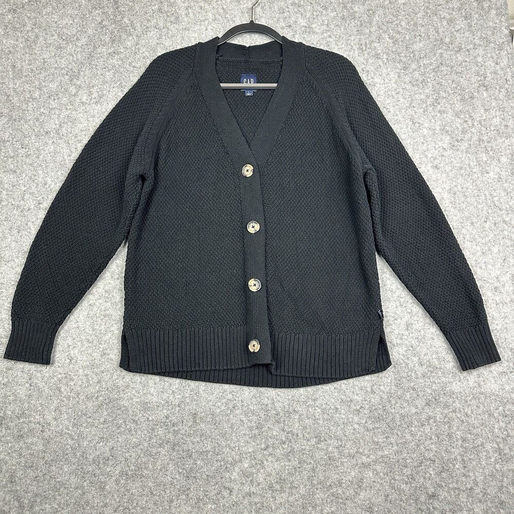 Gap Textured Boyfriend Cardigan Sweater Women L Black Button Front Cotton V-Neck